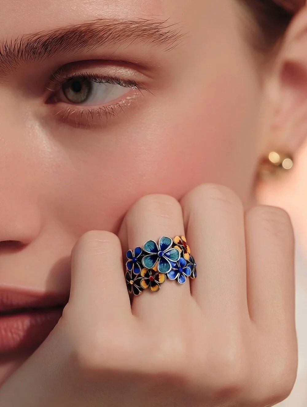 Tropical Flower Stainless Steel Adjustable Ring – Boho Silver Enamel Statement